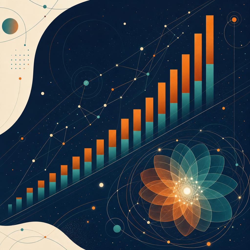 Abstract illustration of AI-driven growth: ascending teal and orange bars, a connected node network, and a glowing geometric bloom